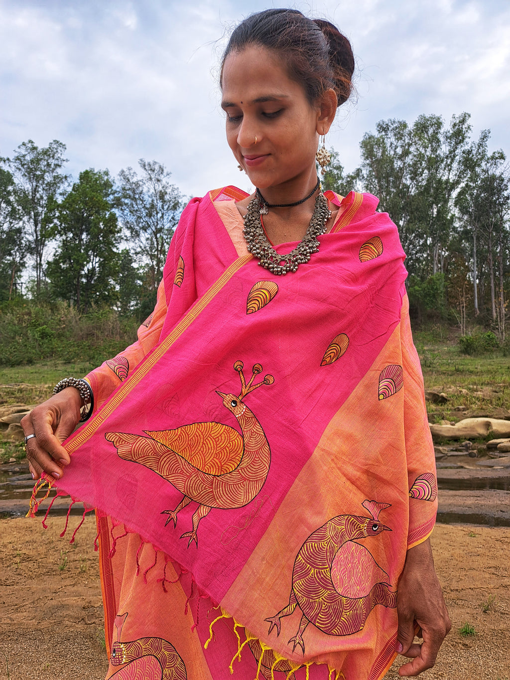 Original Gond Handpainted Handloom Maheshwari Cotton Stole With Tassels