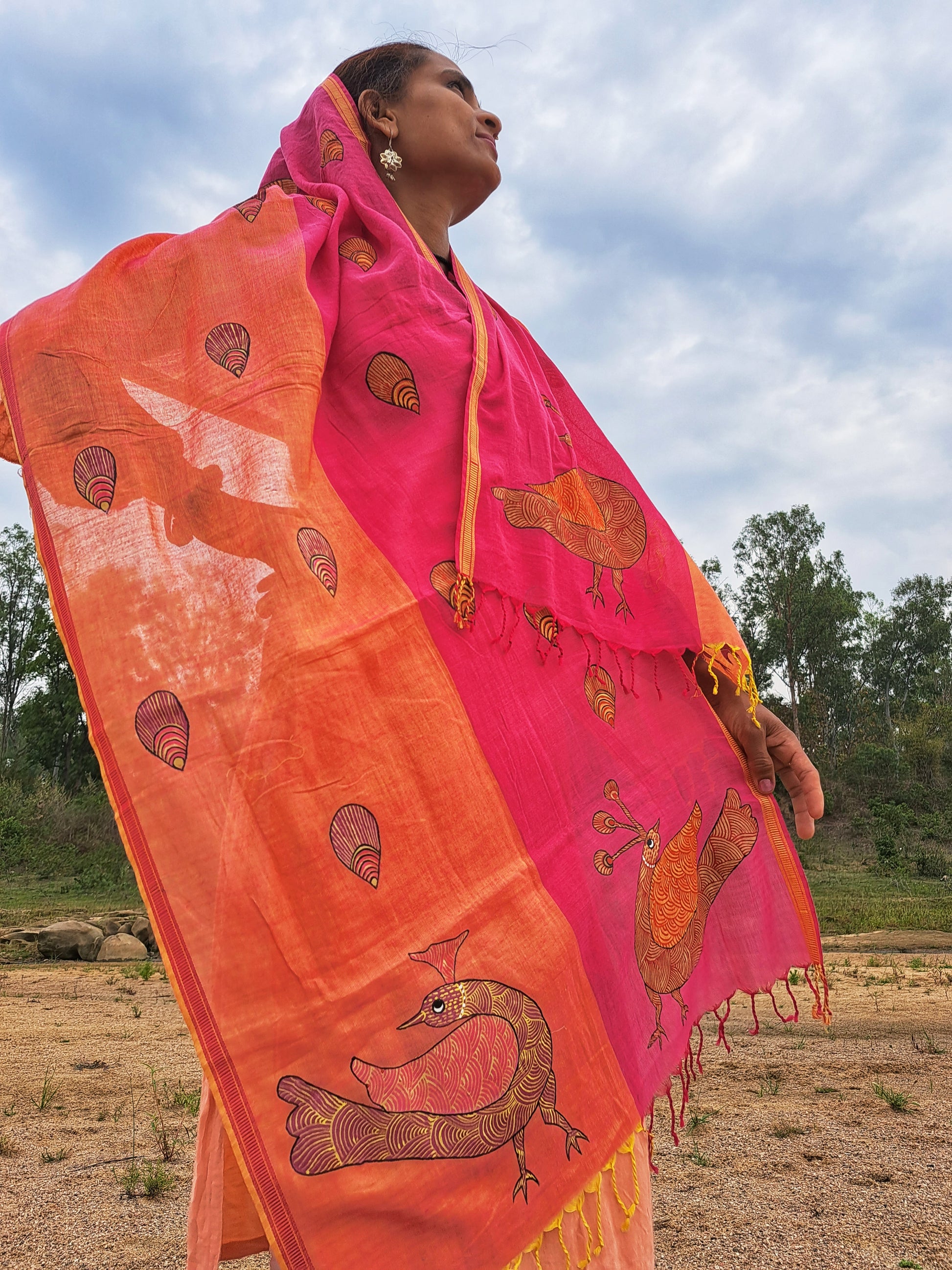 Original Gond Handpainted Handloom Maheshwari Cotton Stole With Tassels