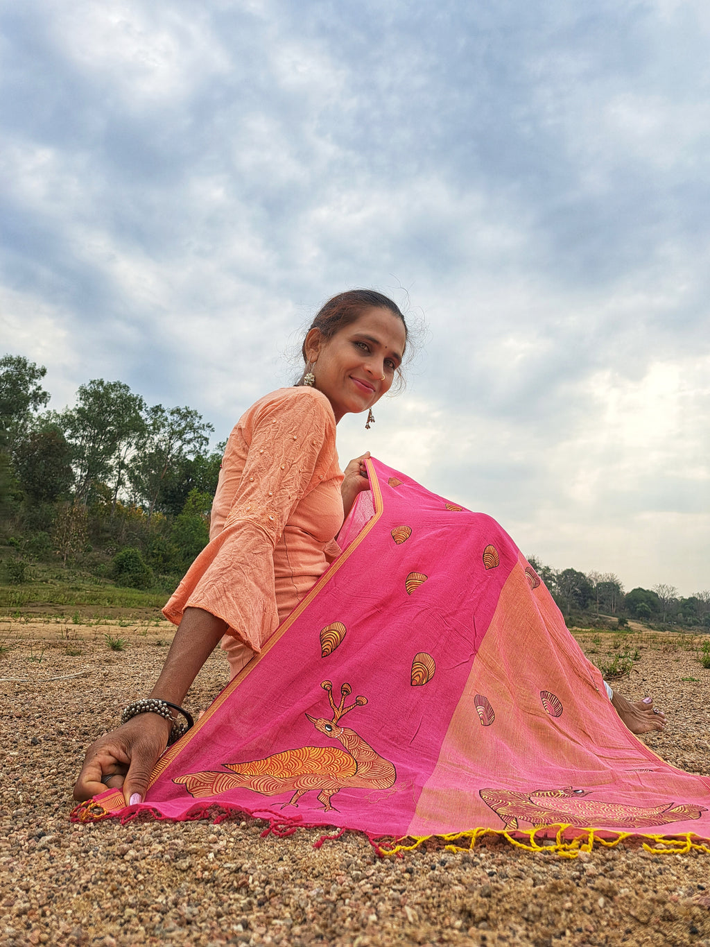Original Gond Handpainted Handloom Maheshwari Cotton Stole With Tassels