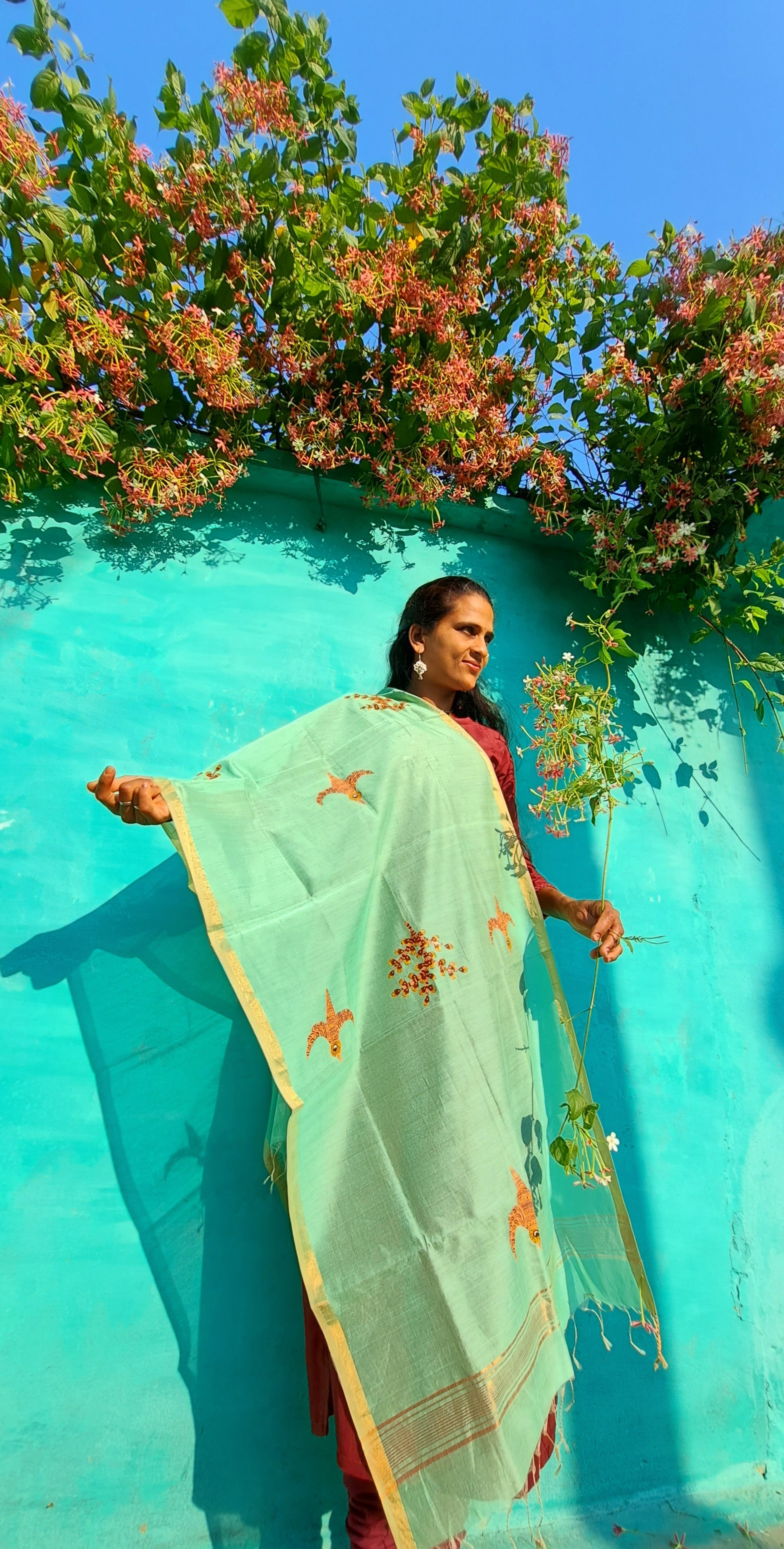 Original Gond Handpainted Handloom Maheshwari Silk Cotton Stole With Tassels