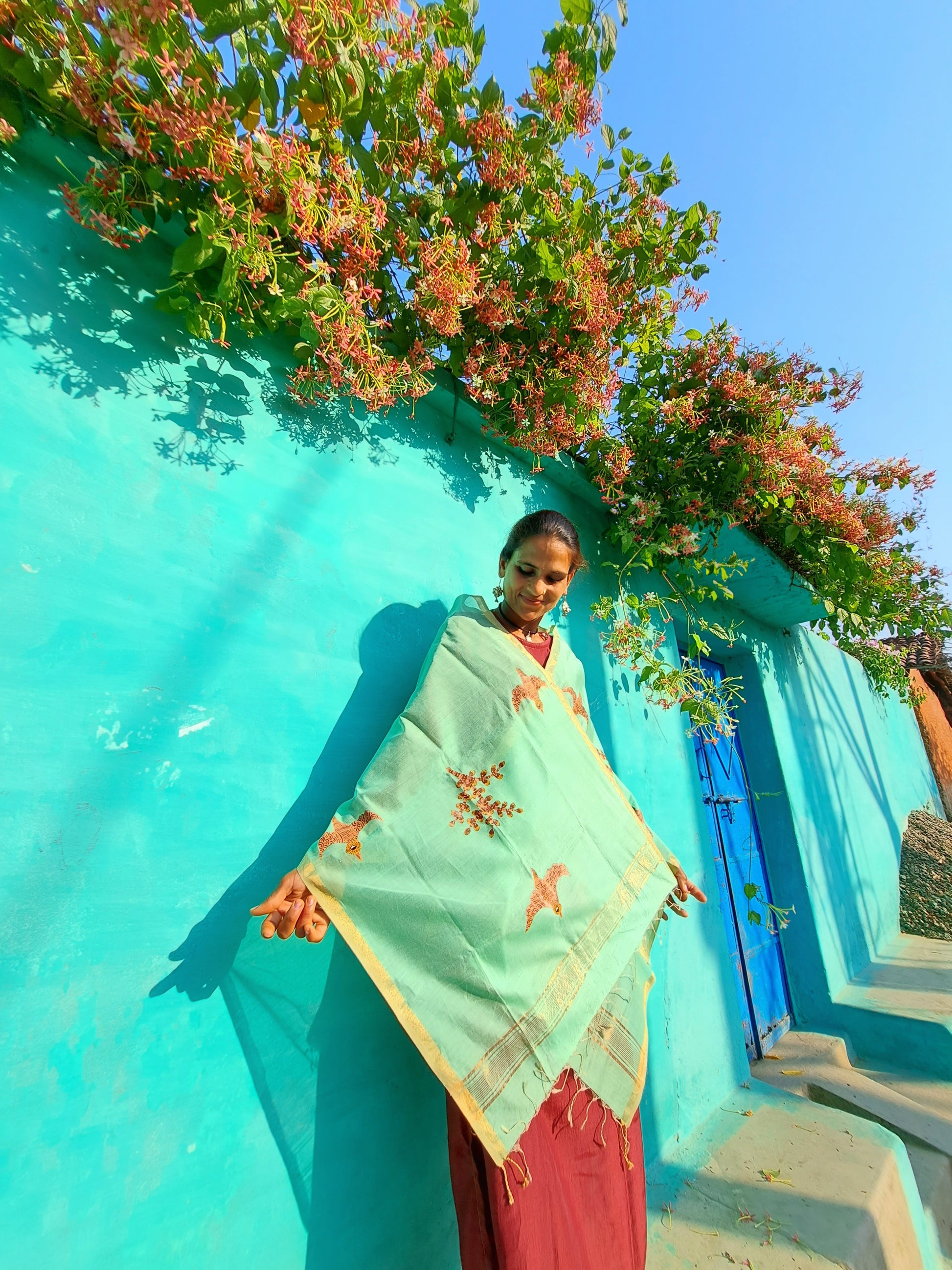 Original Gond Handpainted Handloom Maheshwari Silk Cotton Stole With Tassels