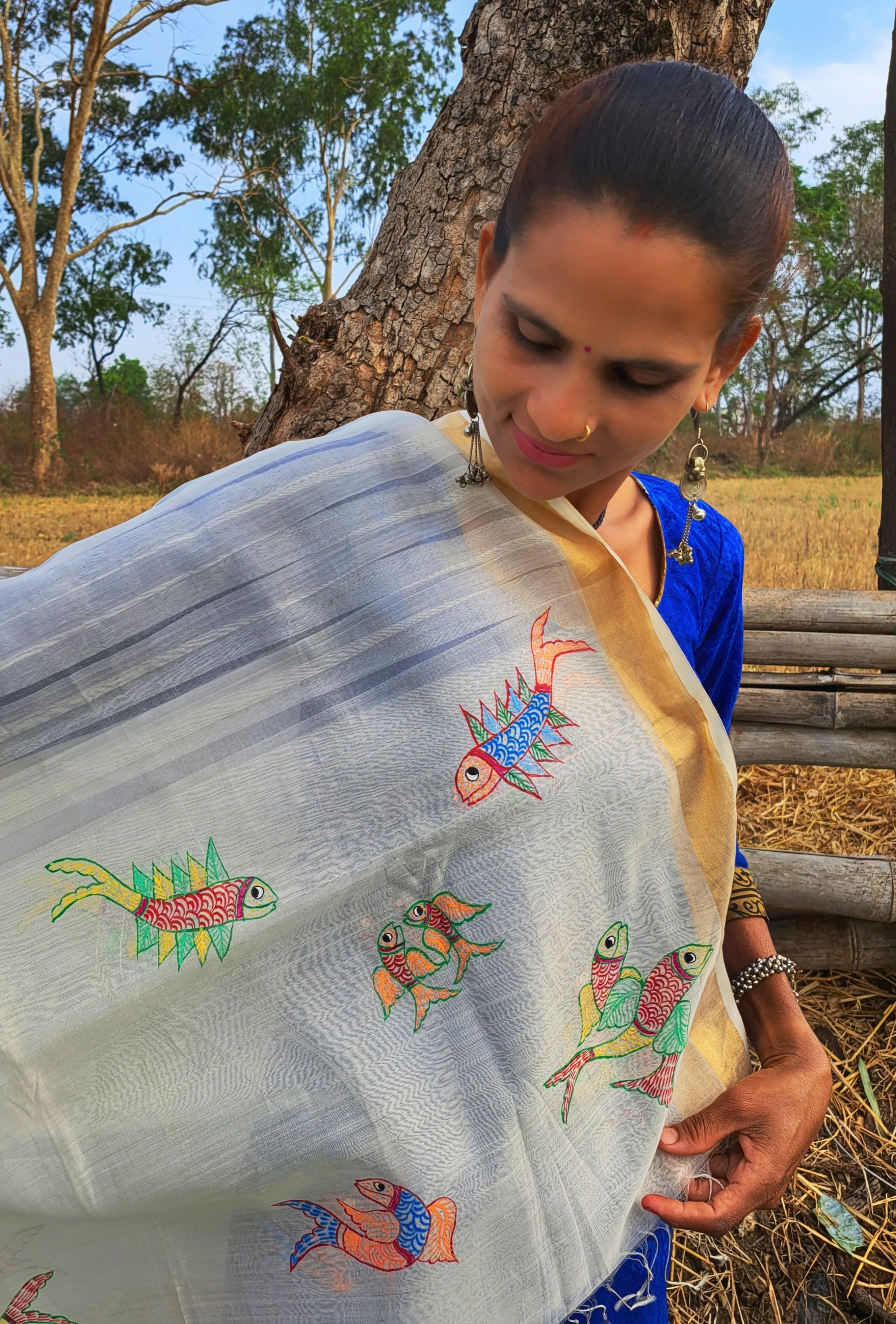 Original Gond Handpainted Handloom Maheshwari Silk Dupatta With Tassels