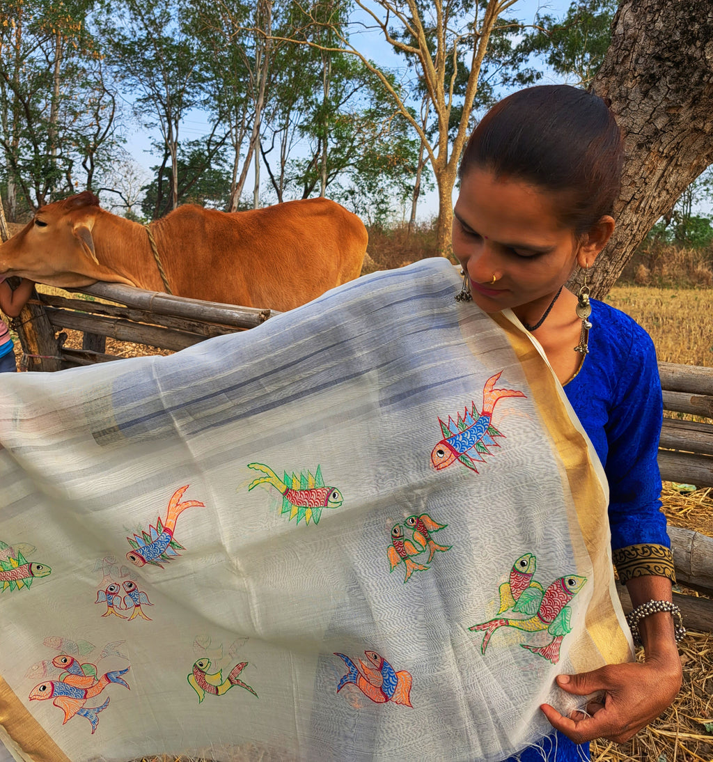 Original Gond Handpainted Handloom Maheshwari Silk Dupatta With Tassels